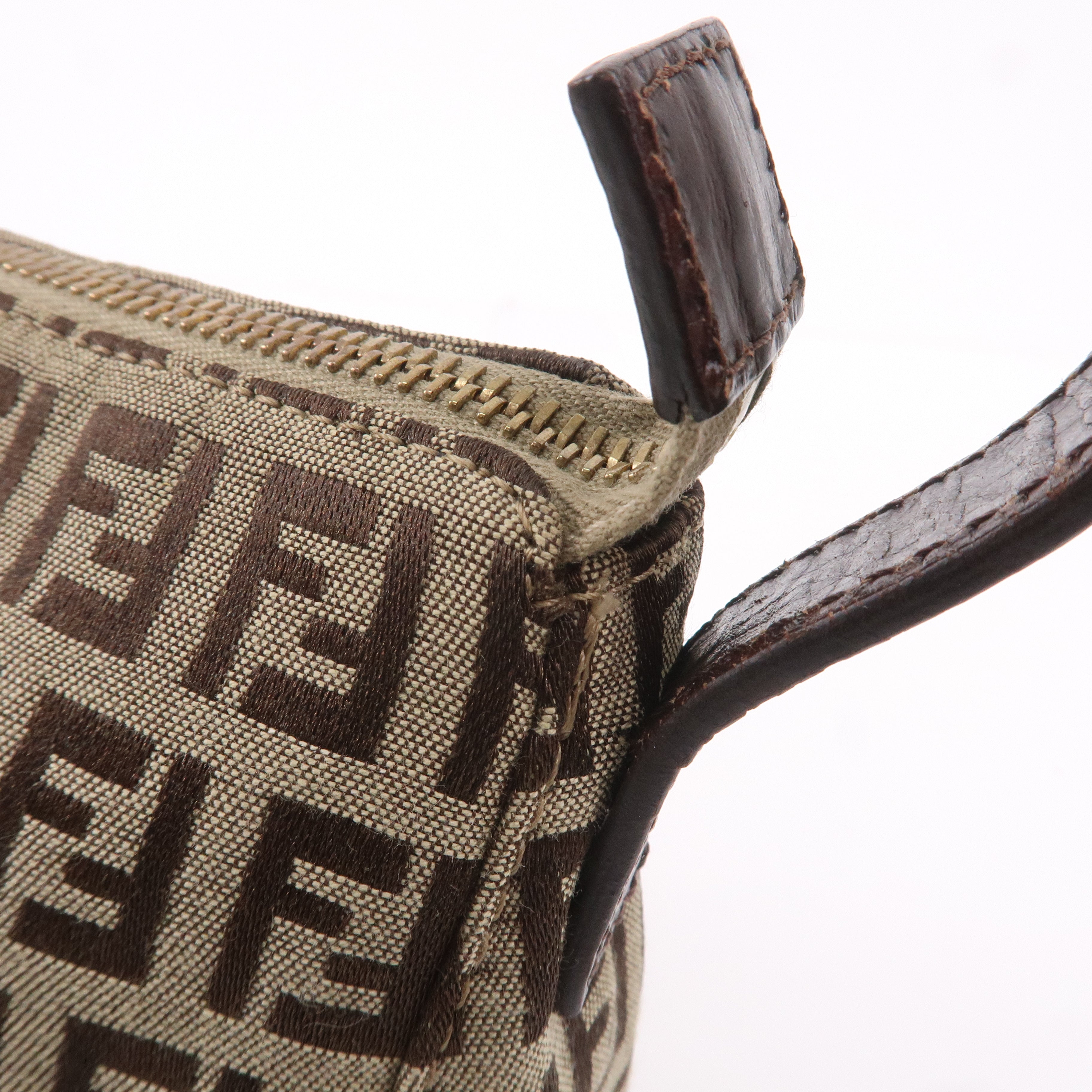 FENDI Zucchino Canvas Leather Shoulder Bag Beige Brown 8BR444