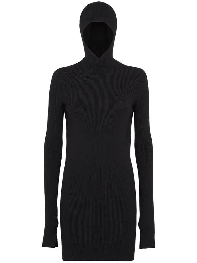 Fendi Long Sleeve Hooded Wool Silk Short Dress Black