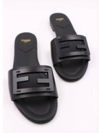 Fendi Baguette FF Logo Leather Slippers Black