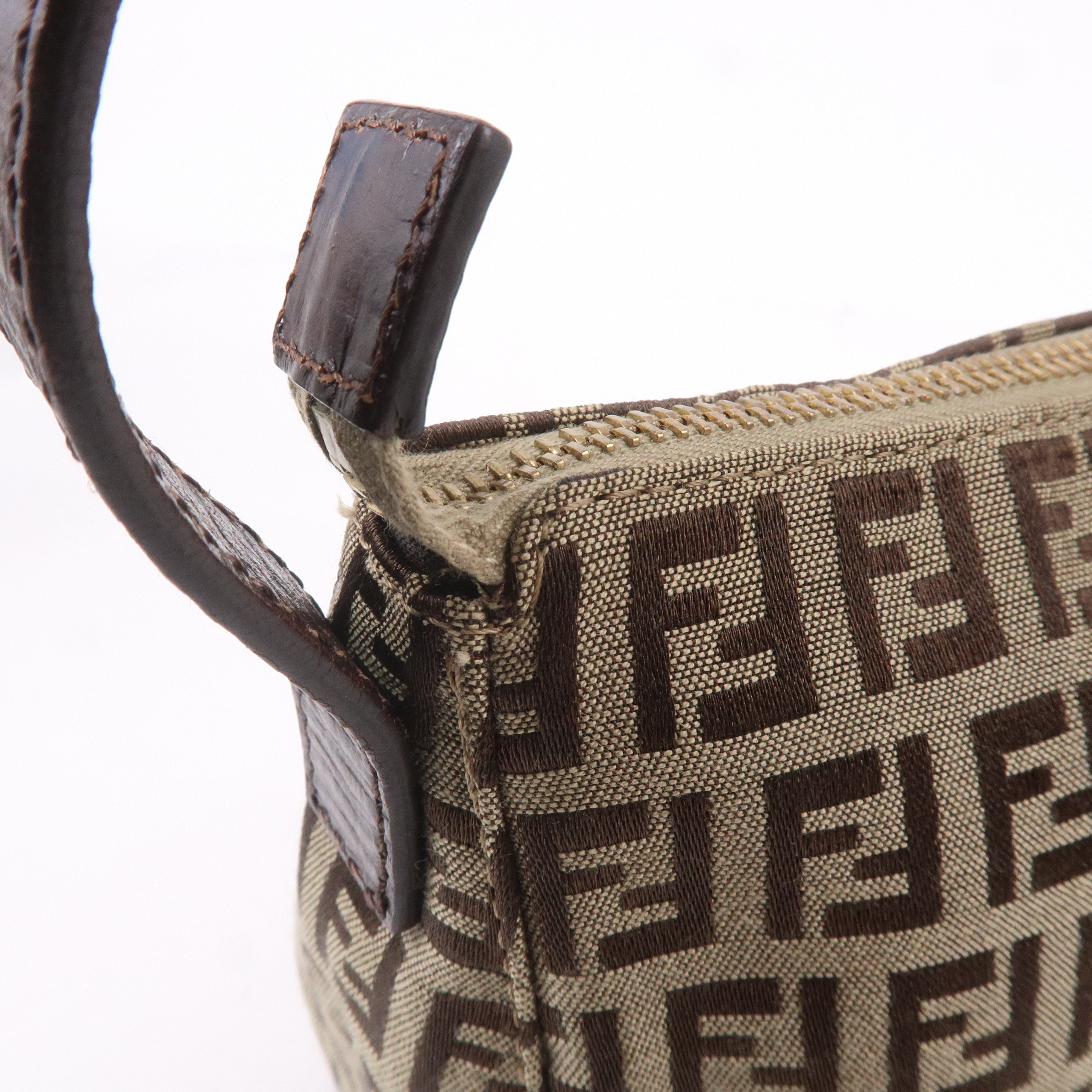 FENDI Zucchino Canvas Leather Shoulder Bag Beige Brown 8BR444