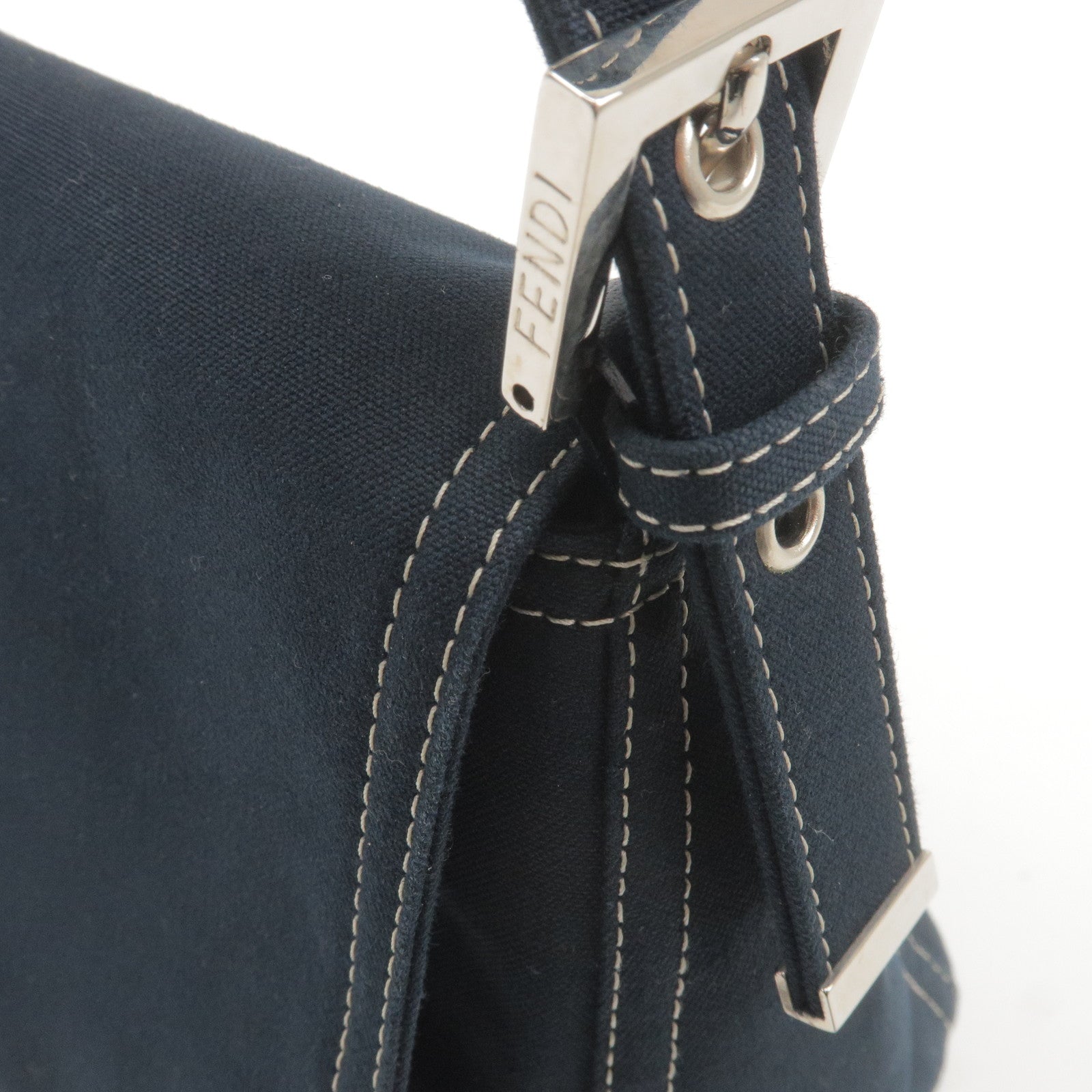 FENDI Mamma Baguette Canvas Leather Shoulder Bag Navy 26325