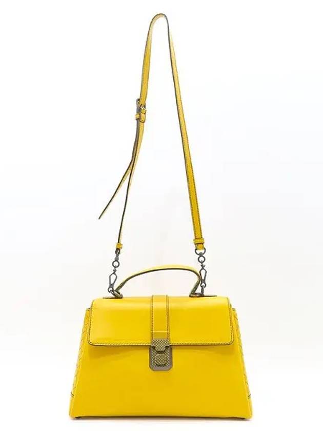 Bottega Veneta 498993 Yellow Calf Leather Intrecciato Piazza M Top Handle Tote Bag Shoulder Strap 2WAY