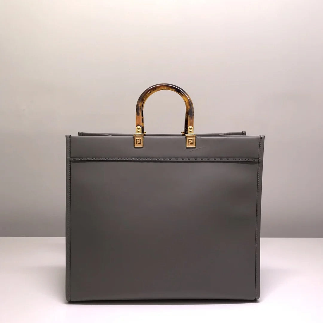 Fendi Sunshine Leather Shopper Tote Bag Gray