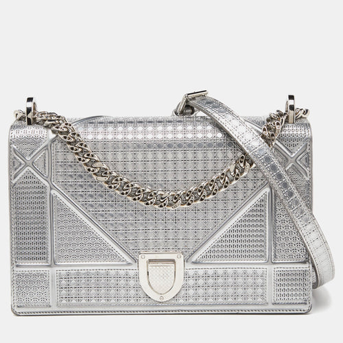 Dior Silver Microcannage Patent Leather Medium Diorama Flap Shoulder Bag