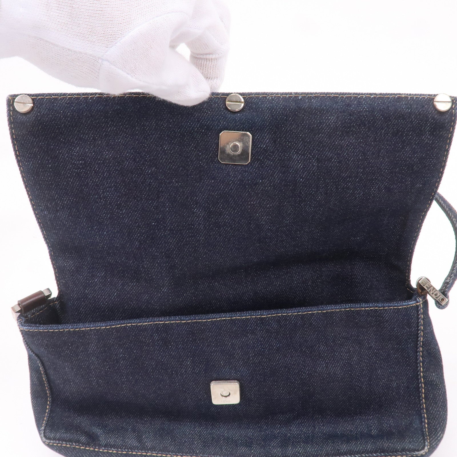 FENDI Denim Leather Shoulder Bag Hand Bag Navy Brown 26640