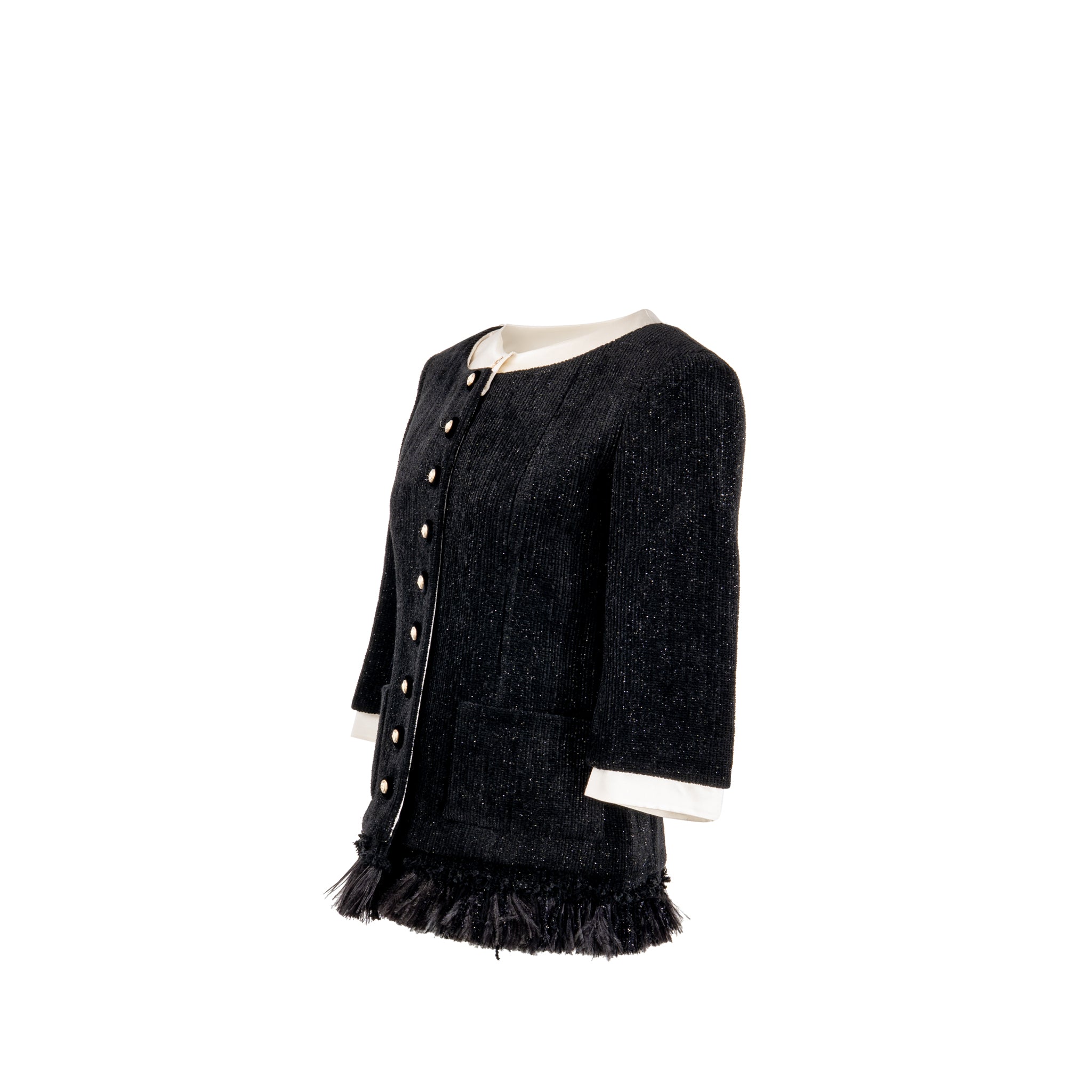 Chanel Size 36 20A Runway Matiers D’art Feather Trim Jacket Wool black