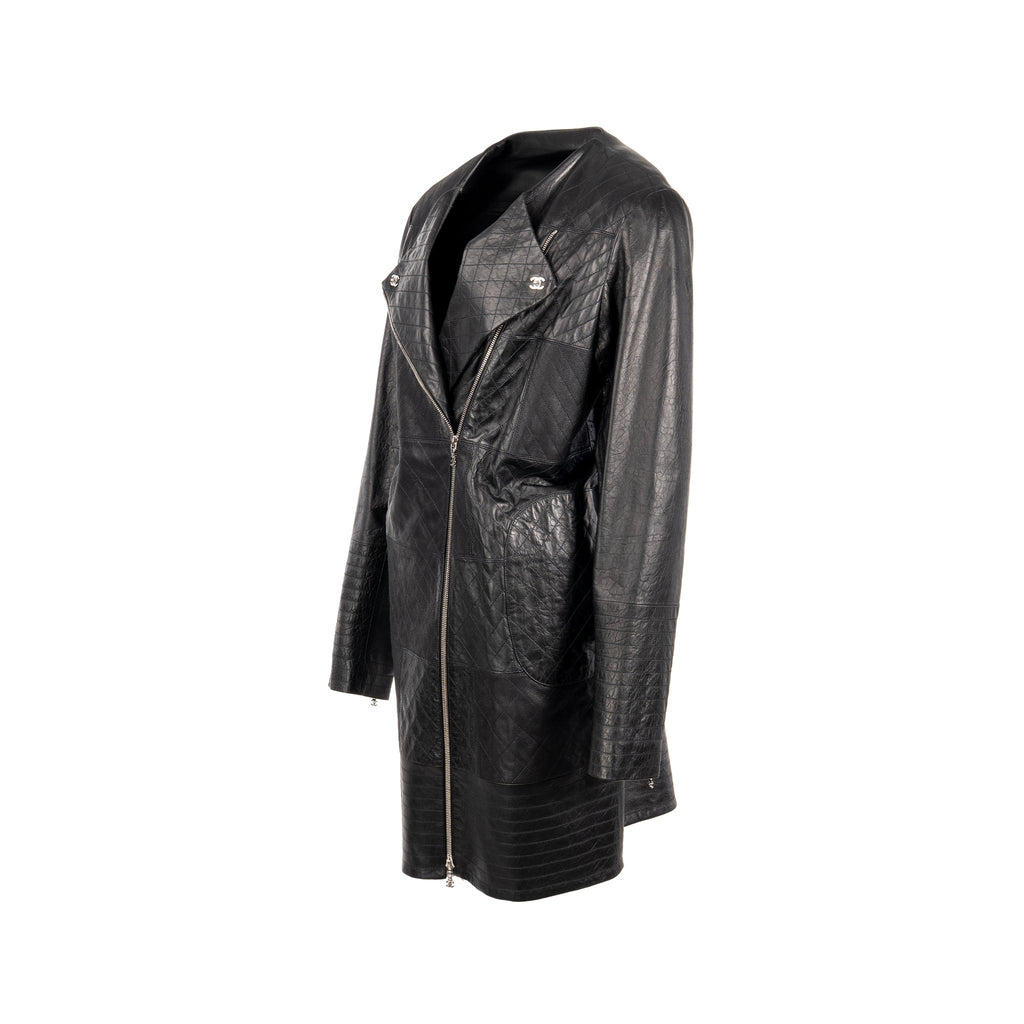 Chanel Size 44 Quilted Long Coat Leather Black