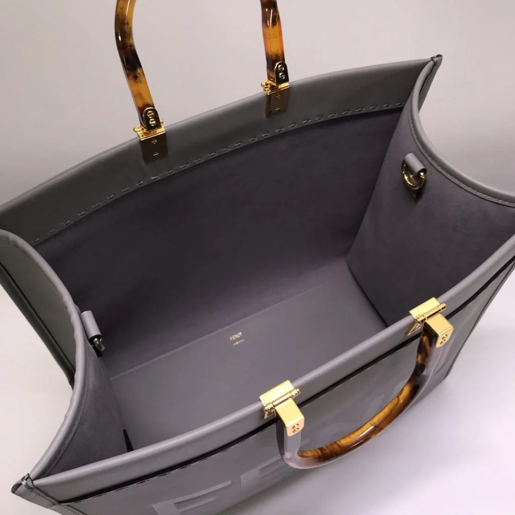 Fendi Sunshine Leather Shopper Tote Bag Gray