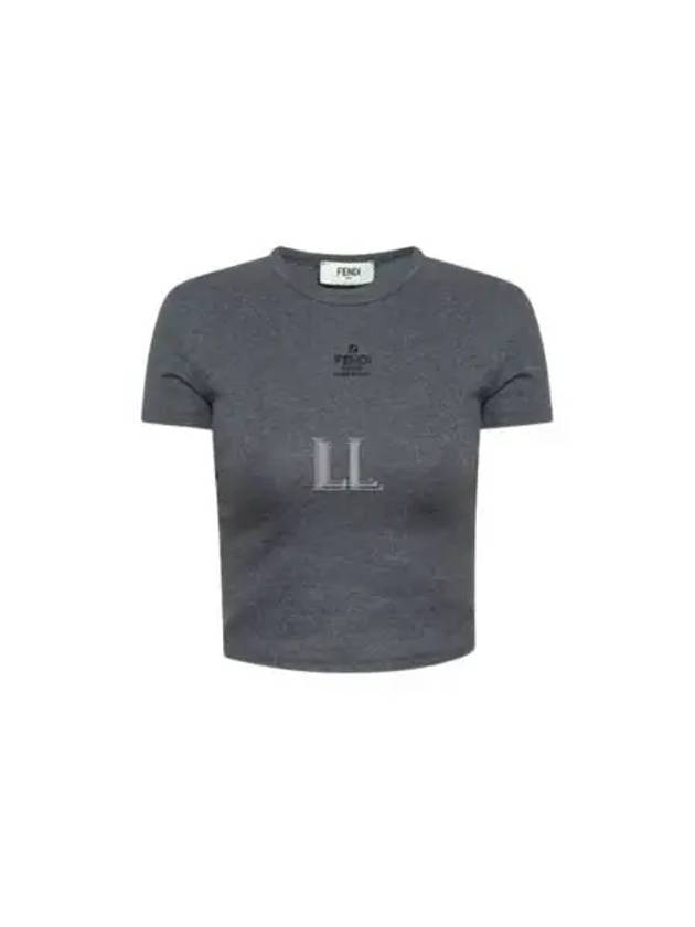 Fendi Embroidered Logo Crop Cotton Short Sleeve T-Shirt Grey