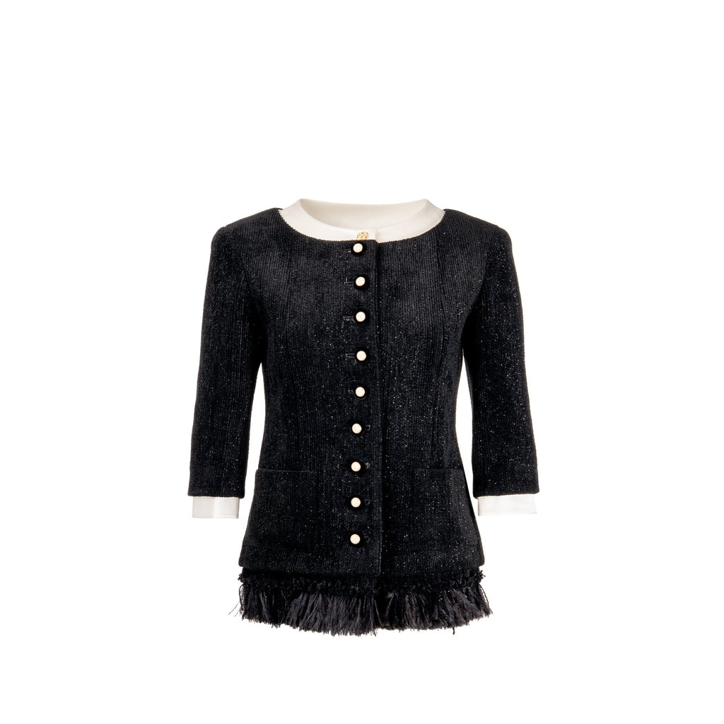 Chanel Size 36 20A Runway Matiers D’art Feather Trim Jacket Wool black