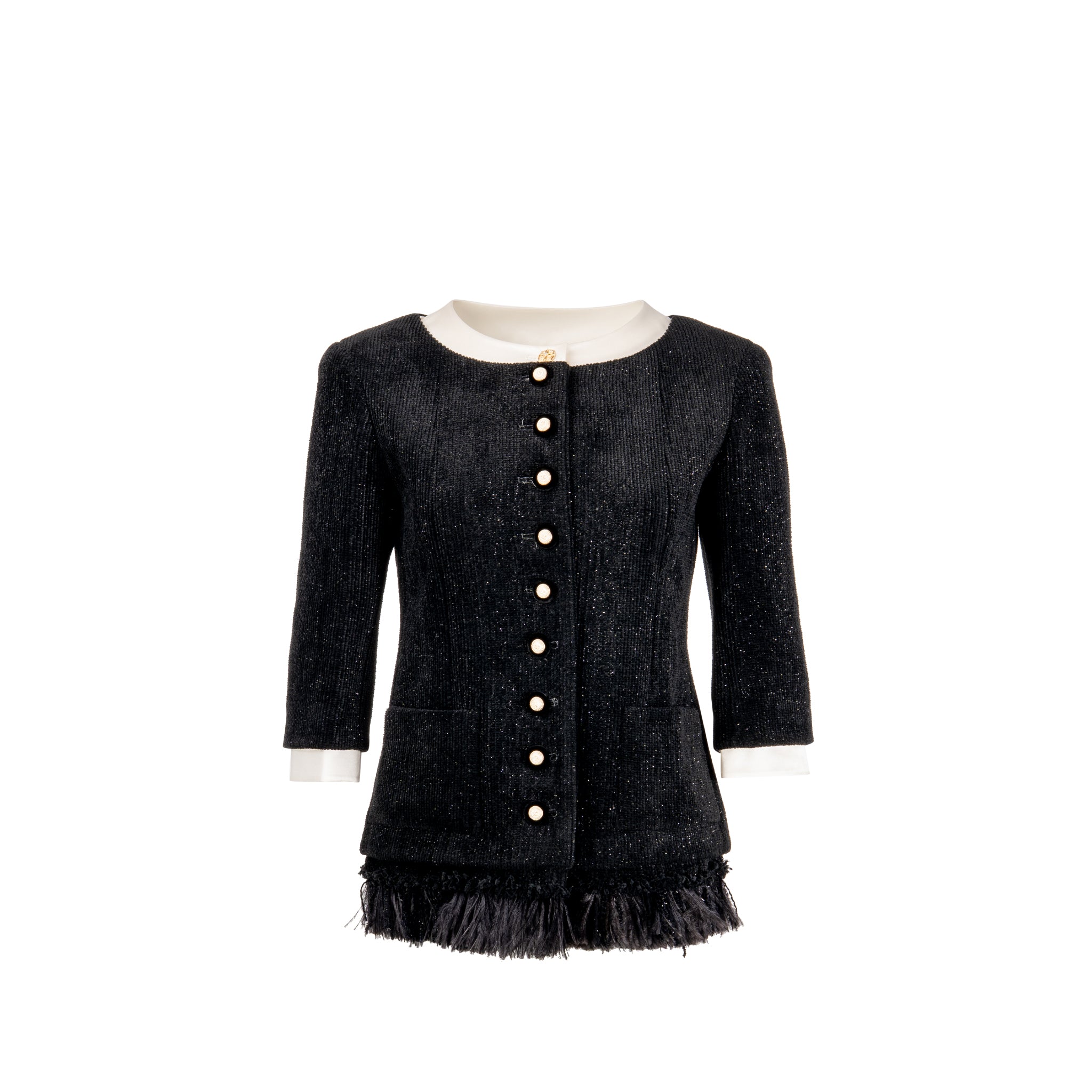 Chanel Size 36 20A Runway Matiers D’art Feather Trim Jacket Wool black