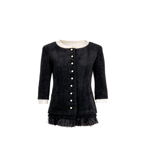 Chanel Size 36 20A Runway Matiers D’art Feather Trim Jacket Wool black