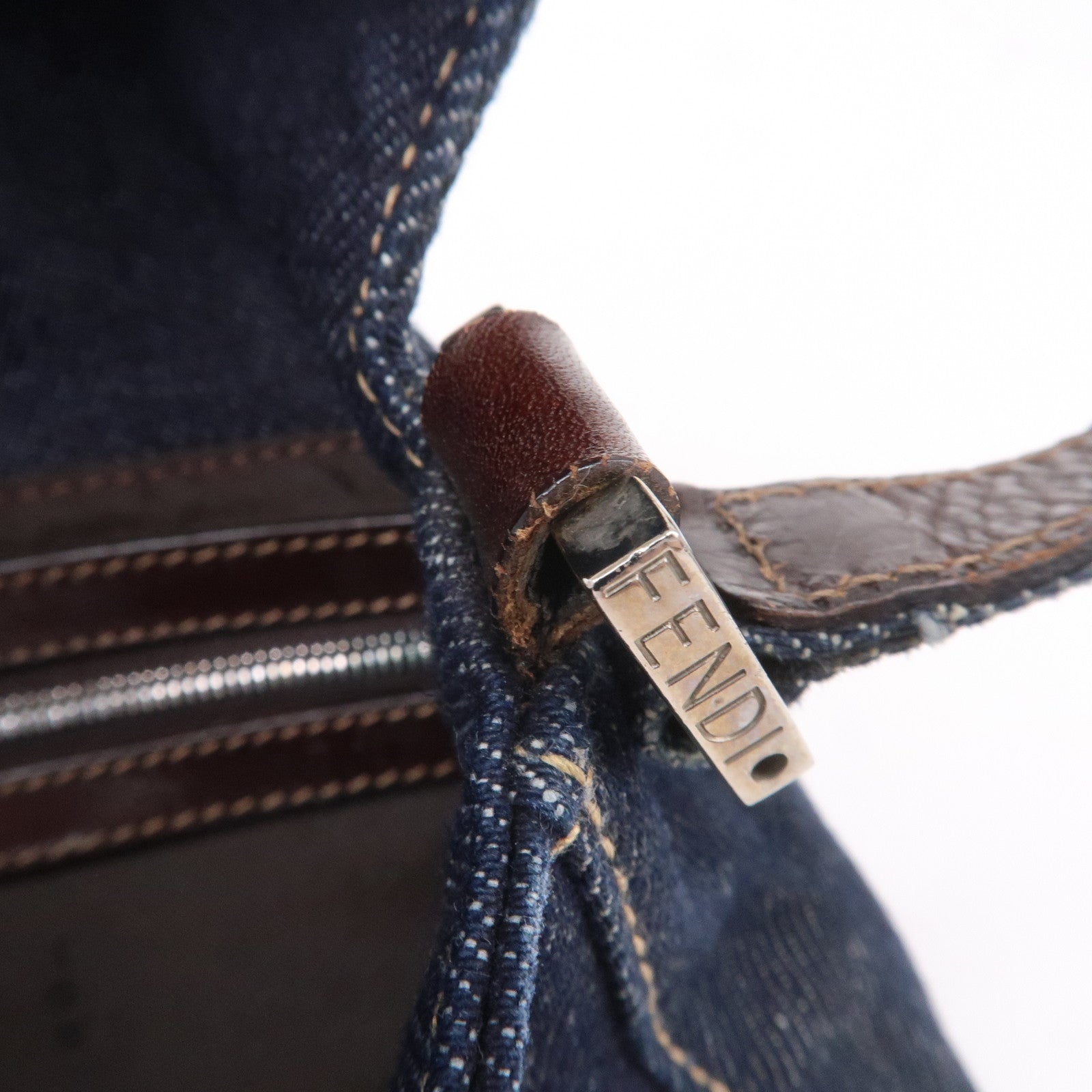 FENDI Denim Leather Shoulder Bag Hand Bag Navy Brown 26640