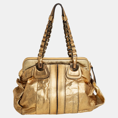 Chloe Chloé Metallic Gold Embossed Leather Heloise Satchel