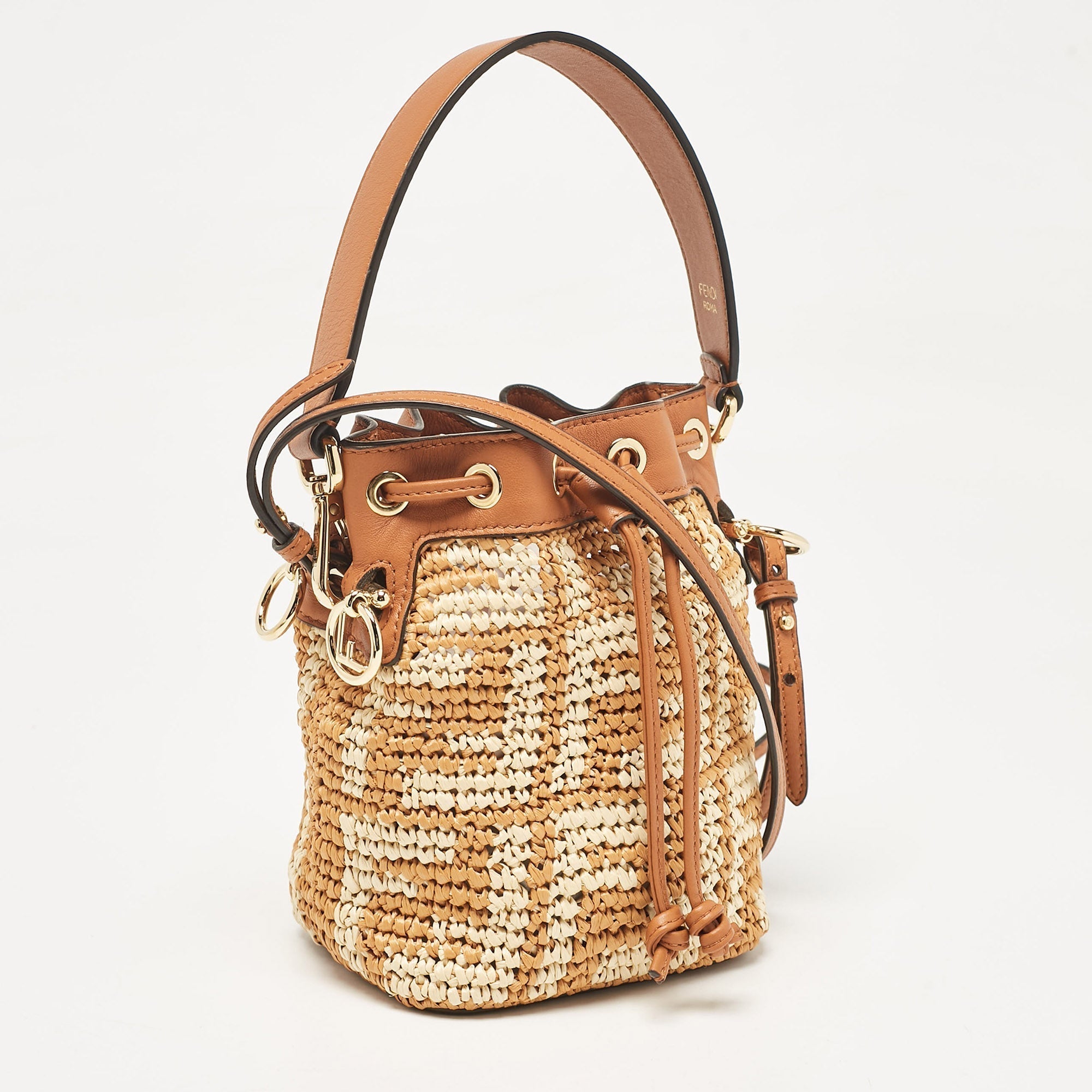 Fendi Brown/beige Zucca Leather And Raffia Mini Mon Tresor Drawstring Bucket Bag