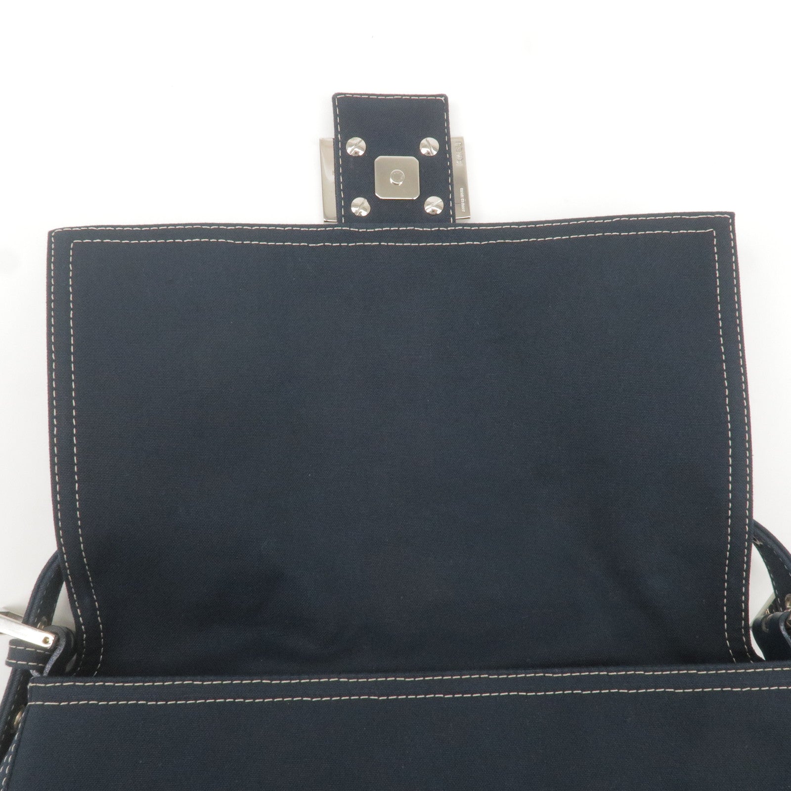 FENDI Mamma Baguette Canvas Leather Shoulder Bag Navy 26325