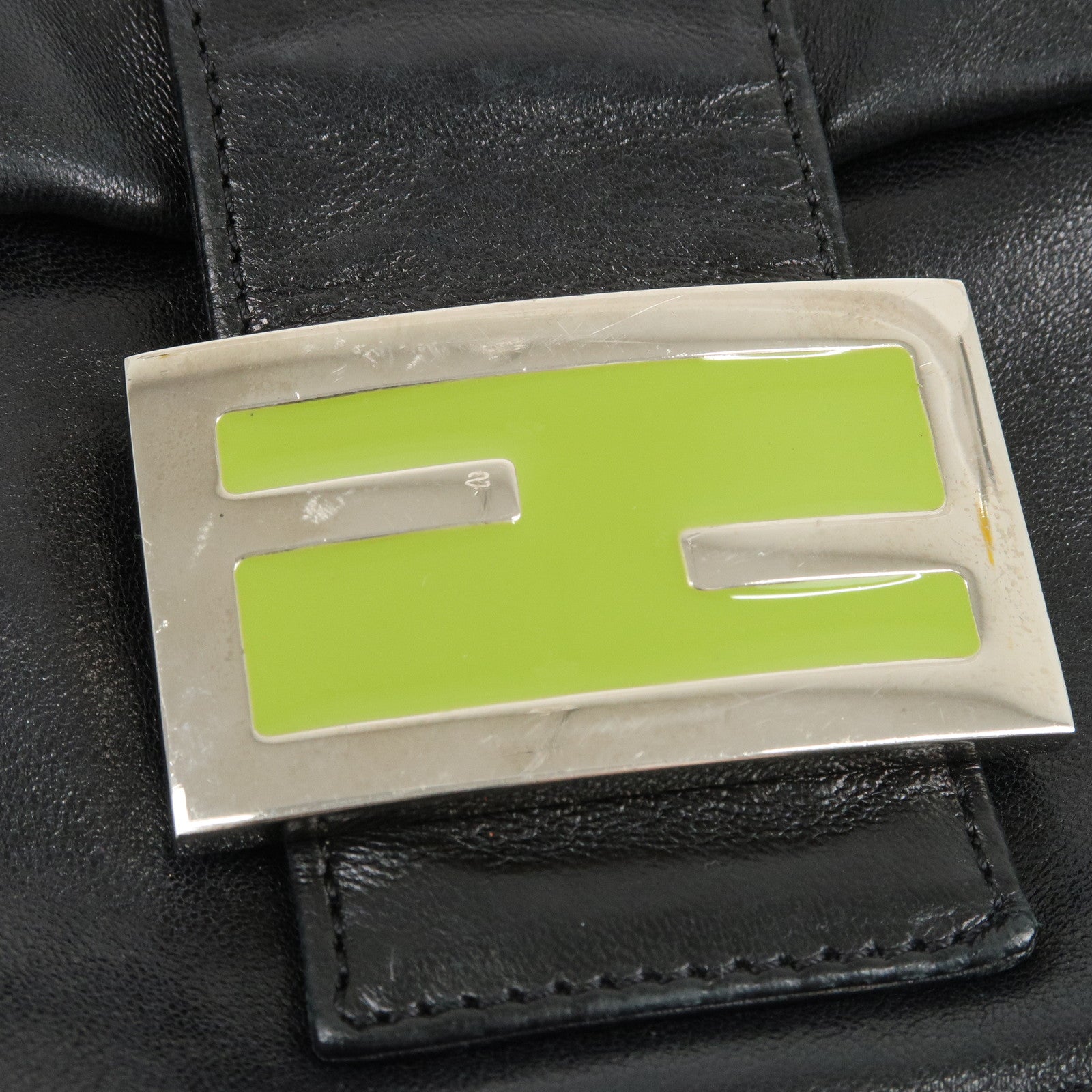 FENDI Mamma Baguette Leather Hand Bag Shoulder Bag Black Green