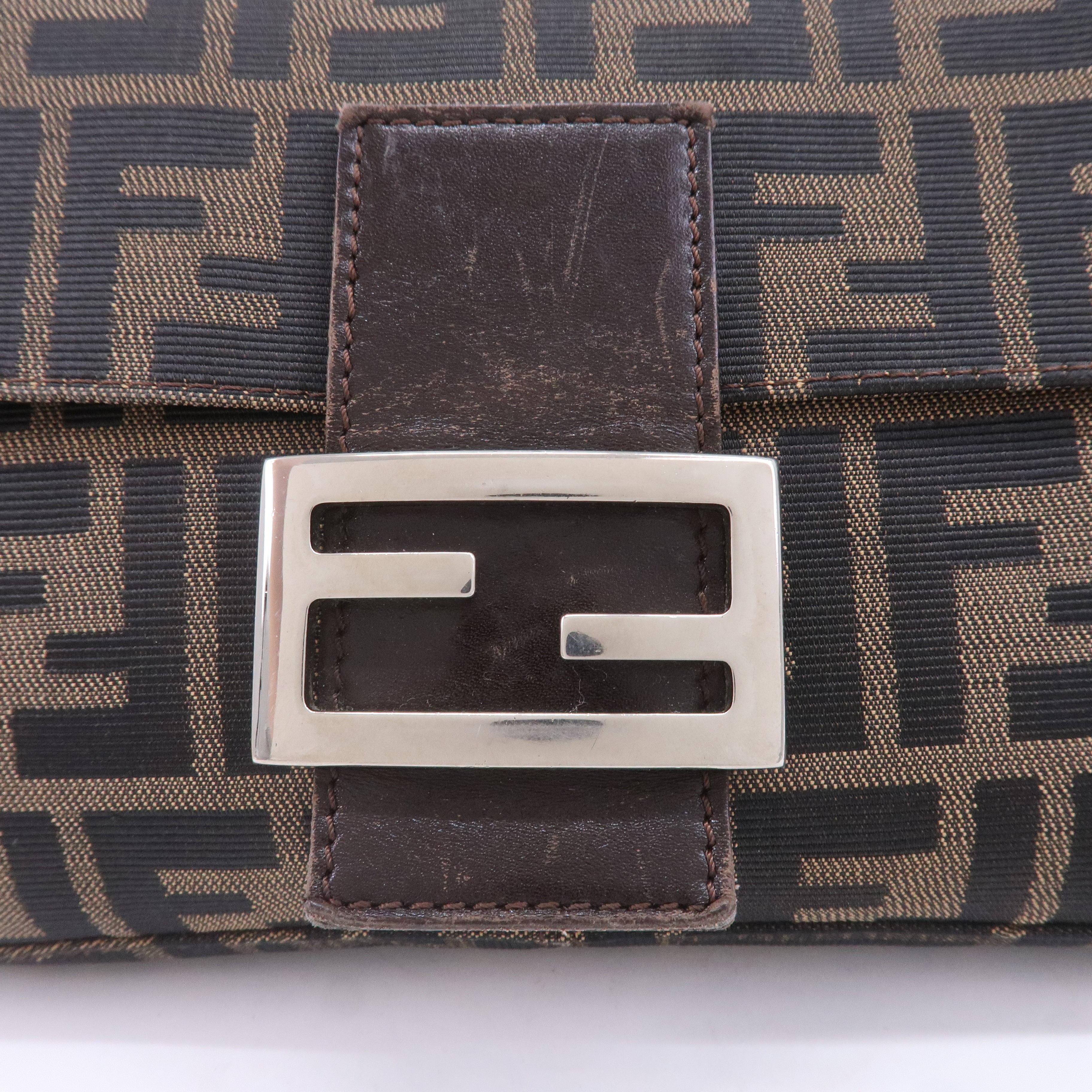 FENDI Mamma Baguette Zucca Canvas Leather Bag Brown 26424