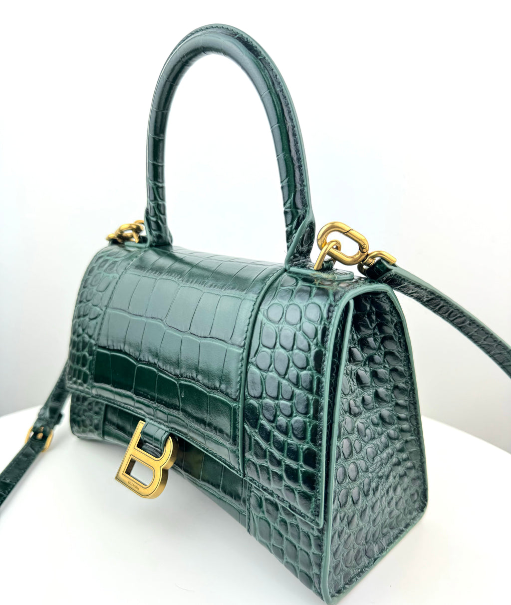 Balenciaga Hourglass Crocodile Embossed bag in Dark Green