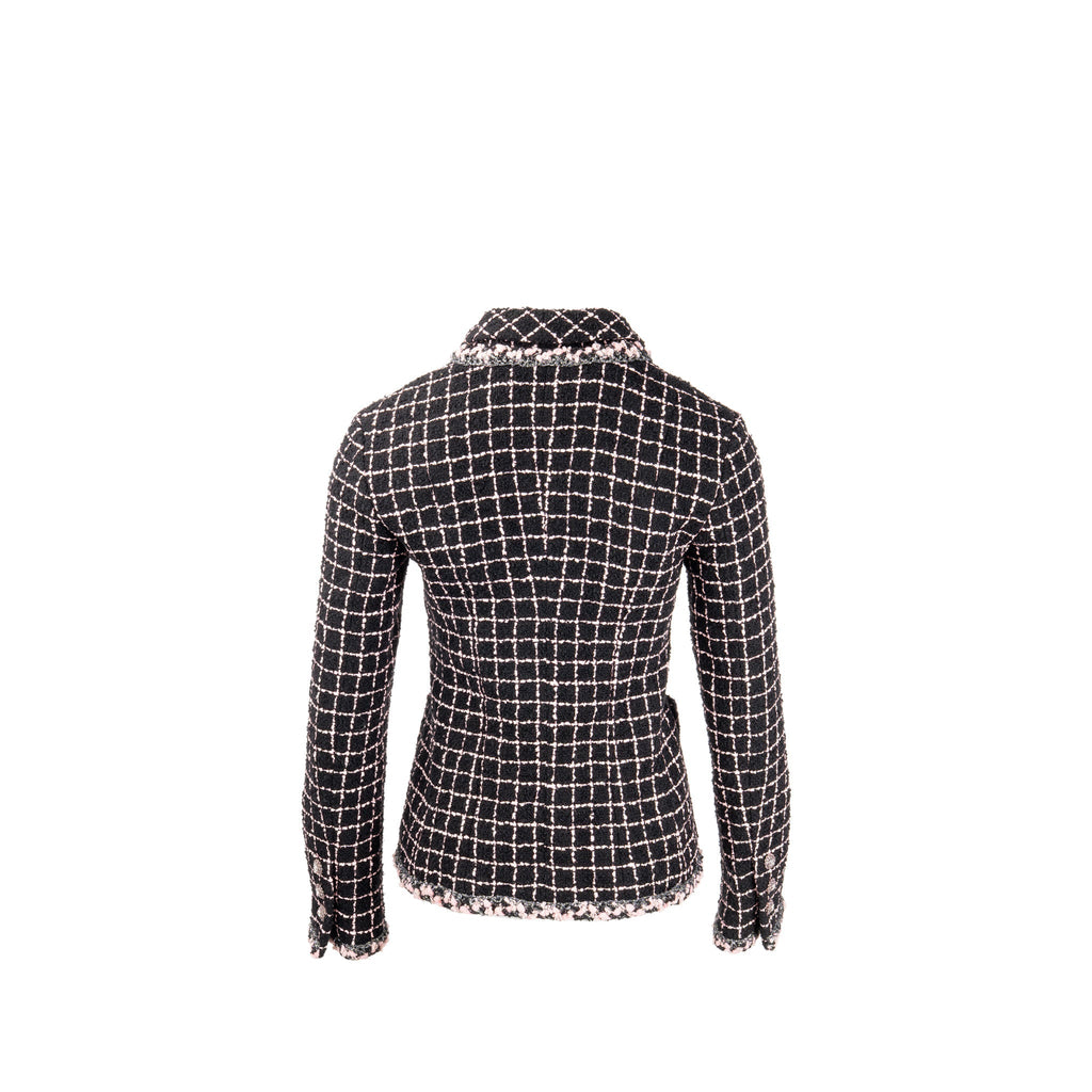 Chanel Size 36 Camellia Detailed Button Tweed Jacket Wool/Polyamide Black/Pink