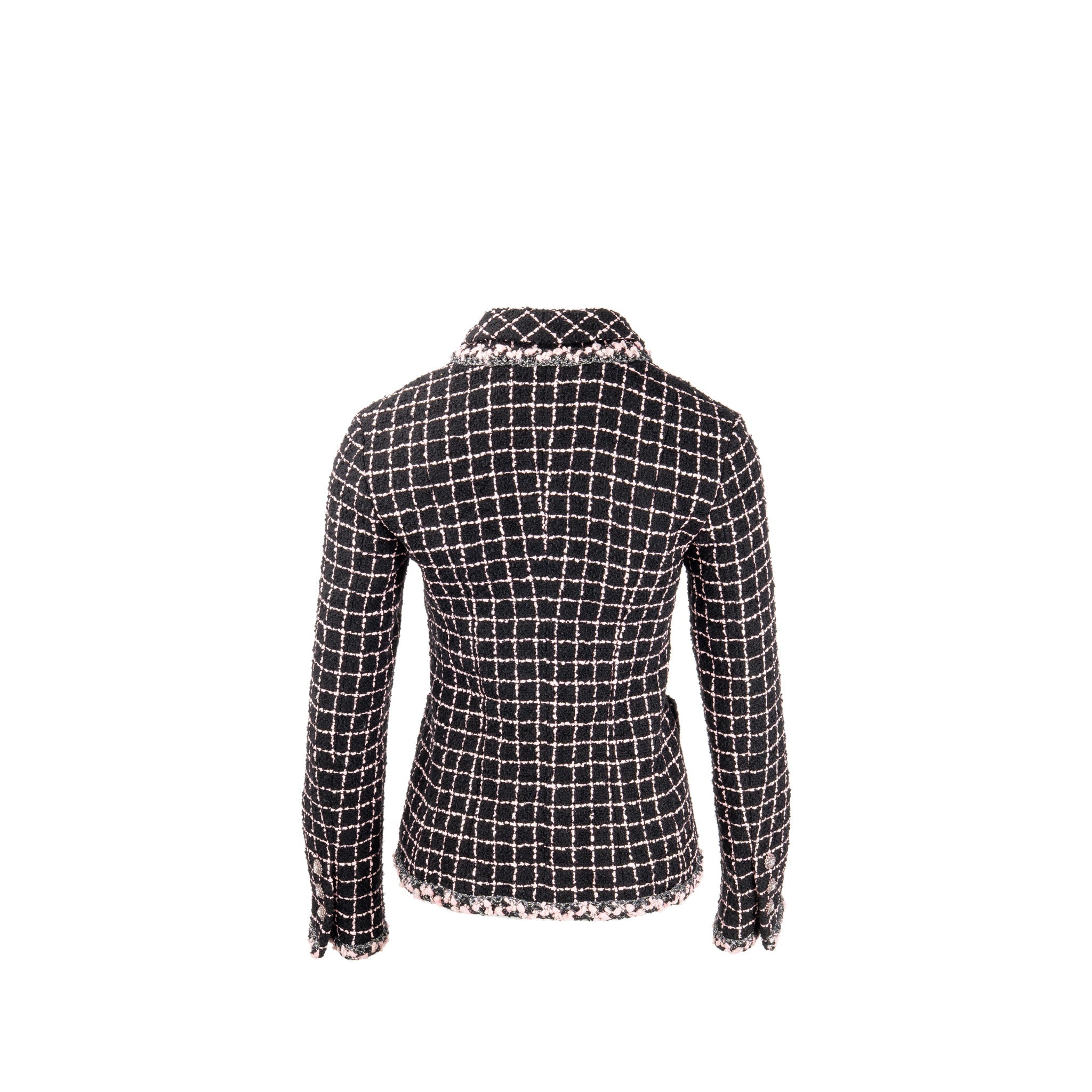 Chanel Size 36 Camellia Detailed Button Tweed Jacket Wool/Polyamide Black/Pink