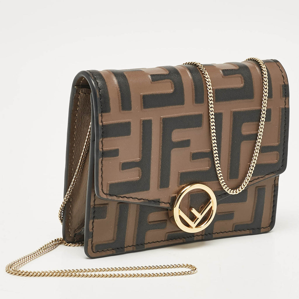 Fendi Brown Ff Leather Wallet On Chain