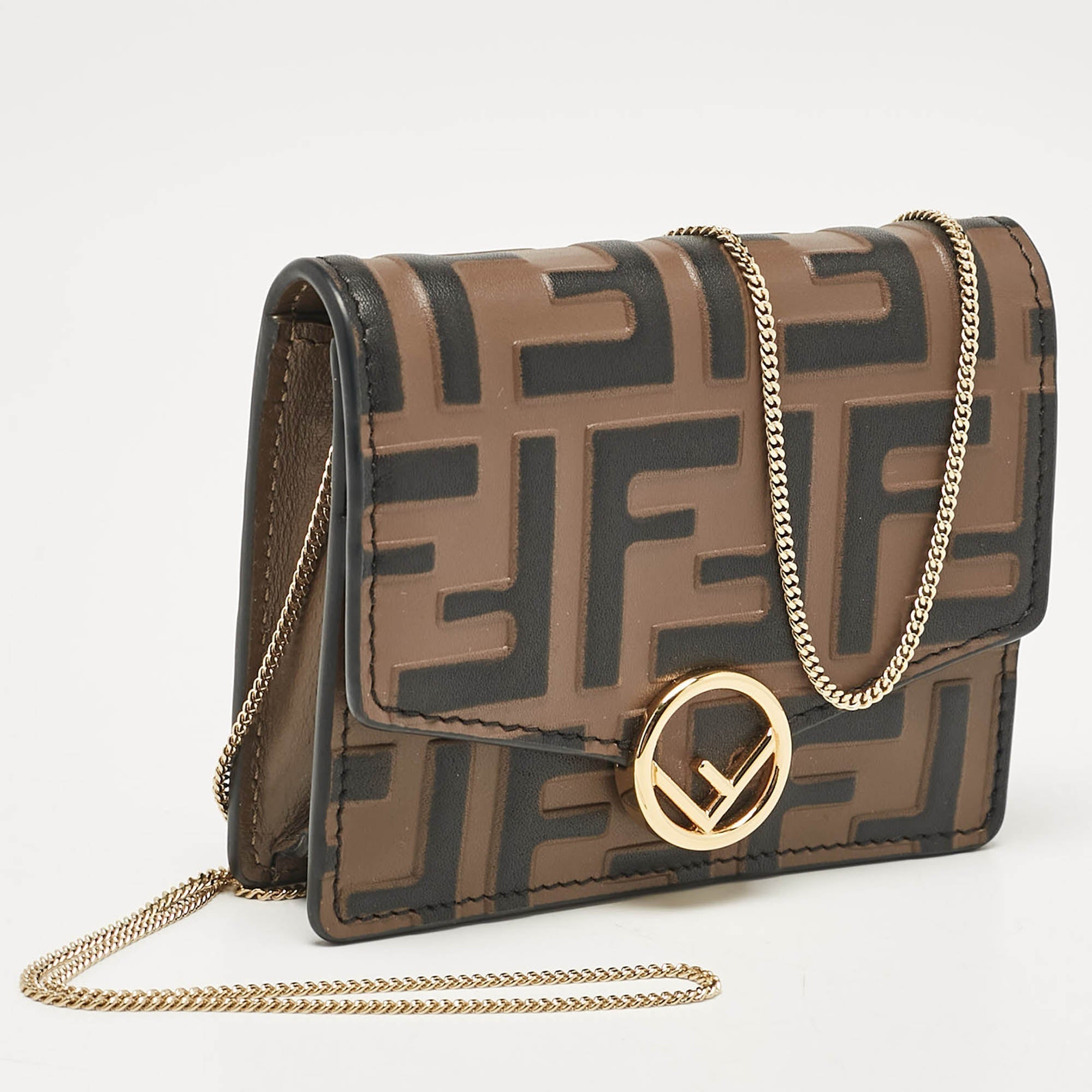 Fendi Brown Ff Leather Wallet On Chain