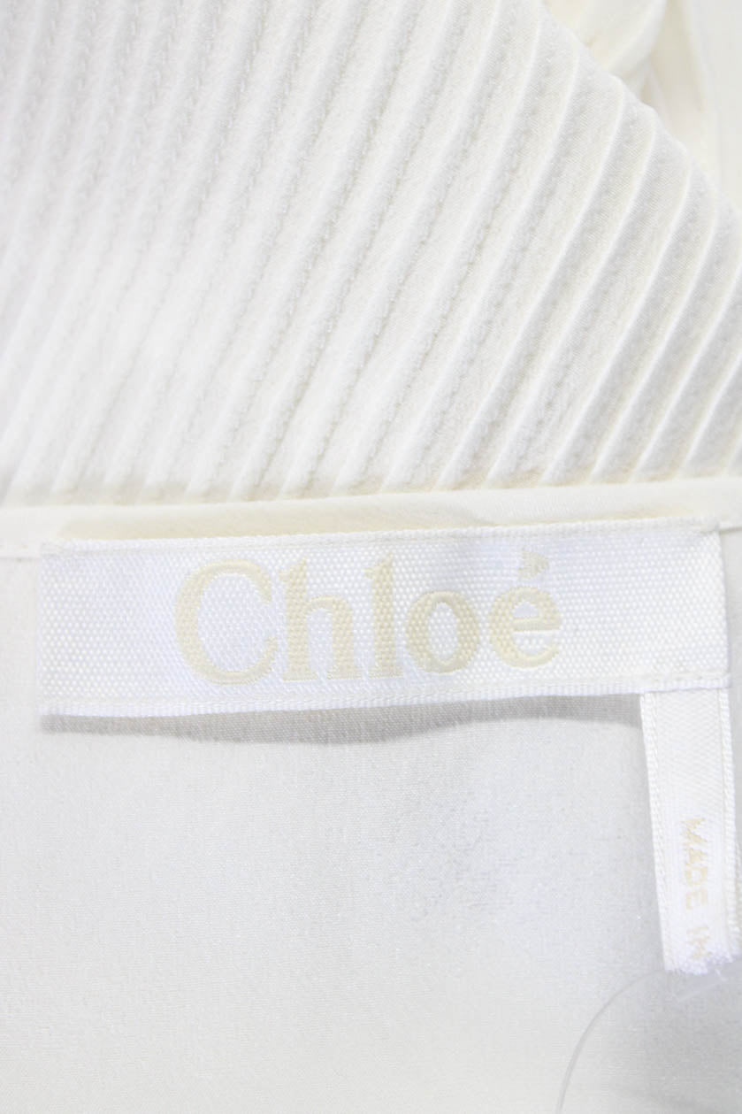 Chloe Womens Button Front Long Sleeve Crew Neck Silk Shirt White