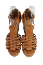 Chloe Womens Leather Textured Open Toe Ankle Strap Wedge Heels Brown