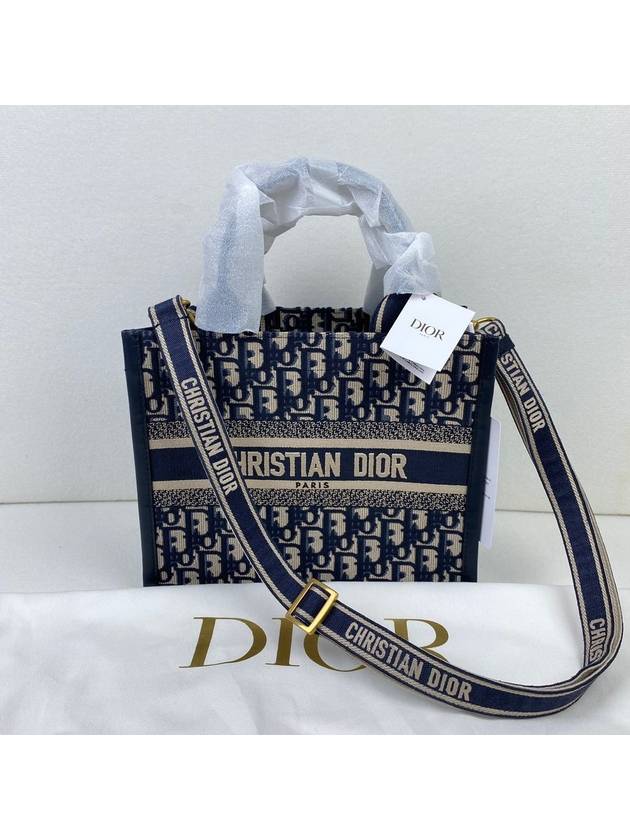 Small Book Oblique Embroidery Calf Skin Tote Blue Dior