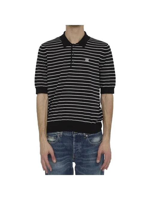 CELINE Striped Triomphe Short Sleeve Polo Shirt Black