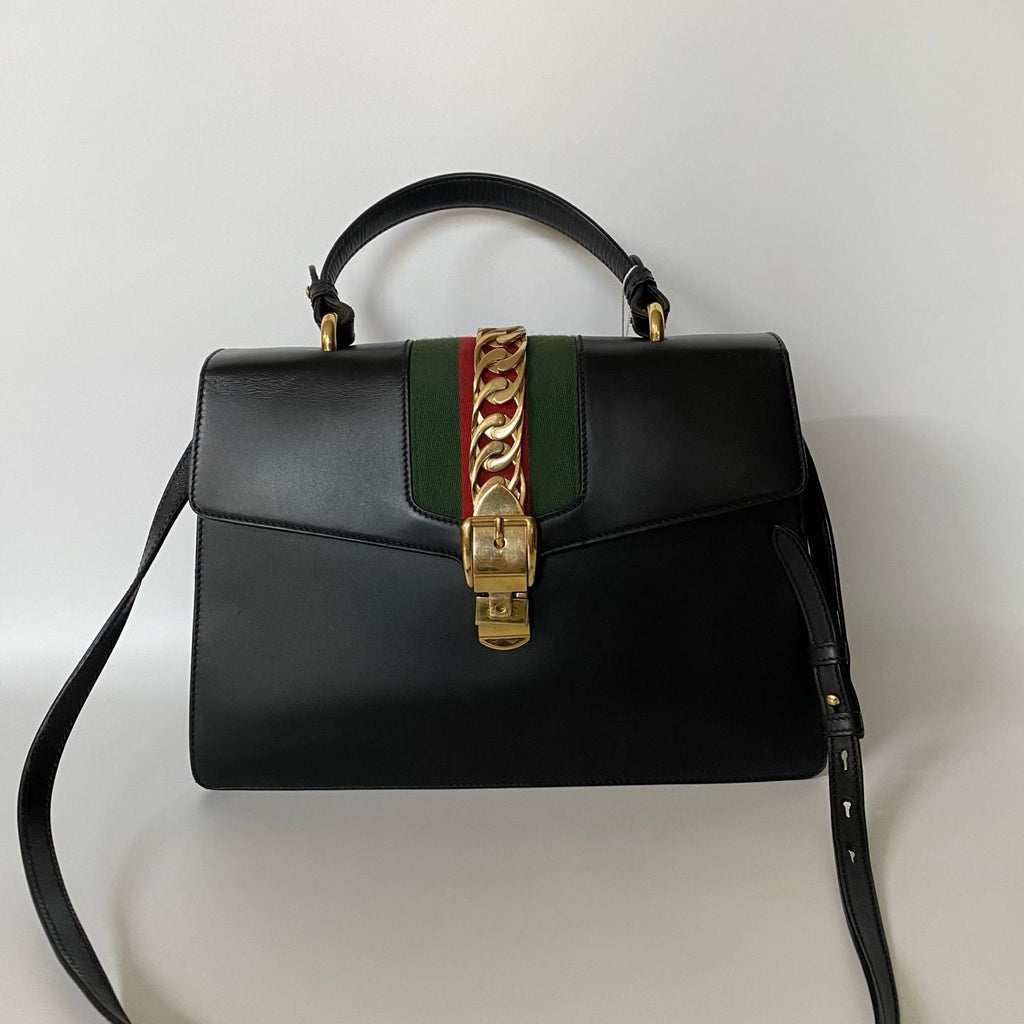 GUCCI Calfskin Medium Sylvie Top Handle Bag Black - NG102729
