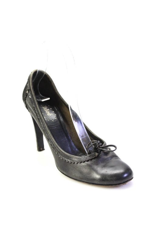 Chloe Womens Stiletto Round Toe Scalloped Pumps Black Leather