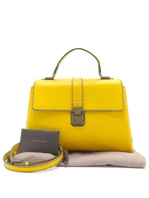Bottega Veneta 498993 Yellow Calf Leather Intrecciato Piazza M Top Handle Tote Bag Shoulder Strap 2WAY