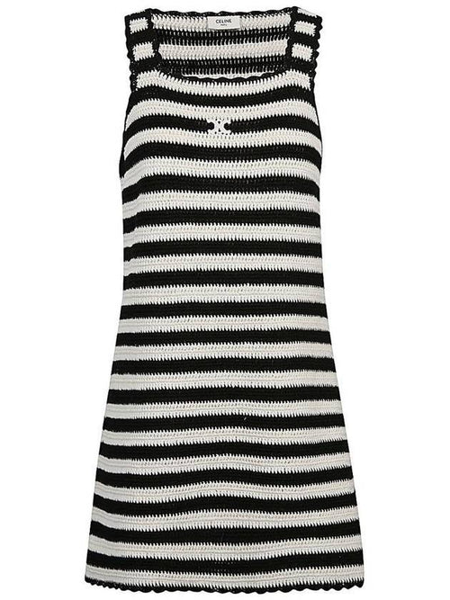 CELINE Triomphe Striped Crochet Short Dress Ecru Black
