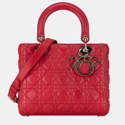 Dior Red Lambskin Leather Medium Cannage Lady Tote Bag