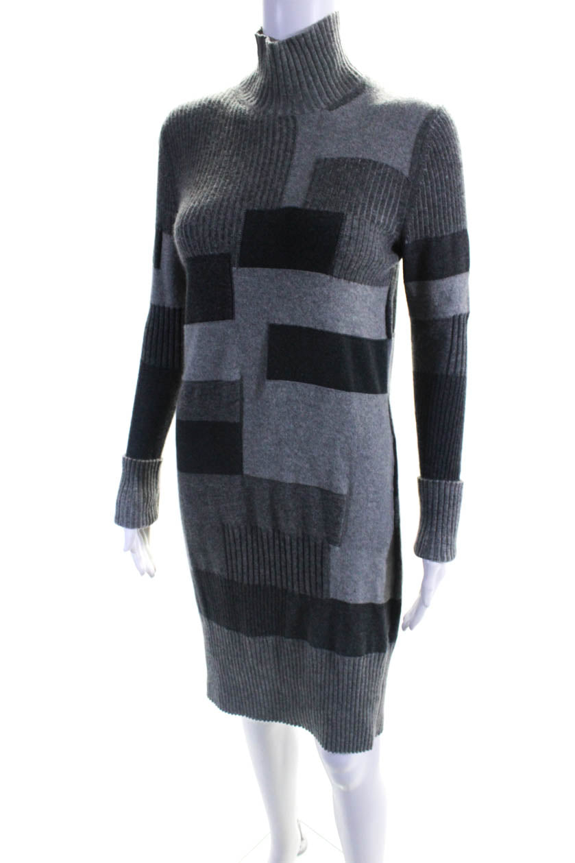 Chloe Womens Long Sleeve Ribbed Trim Mock Neck Sweater Dress Gray