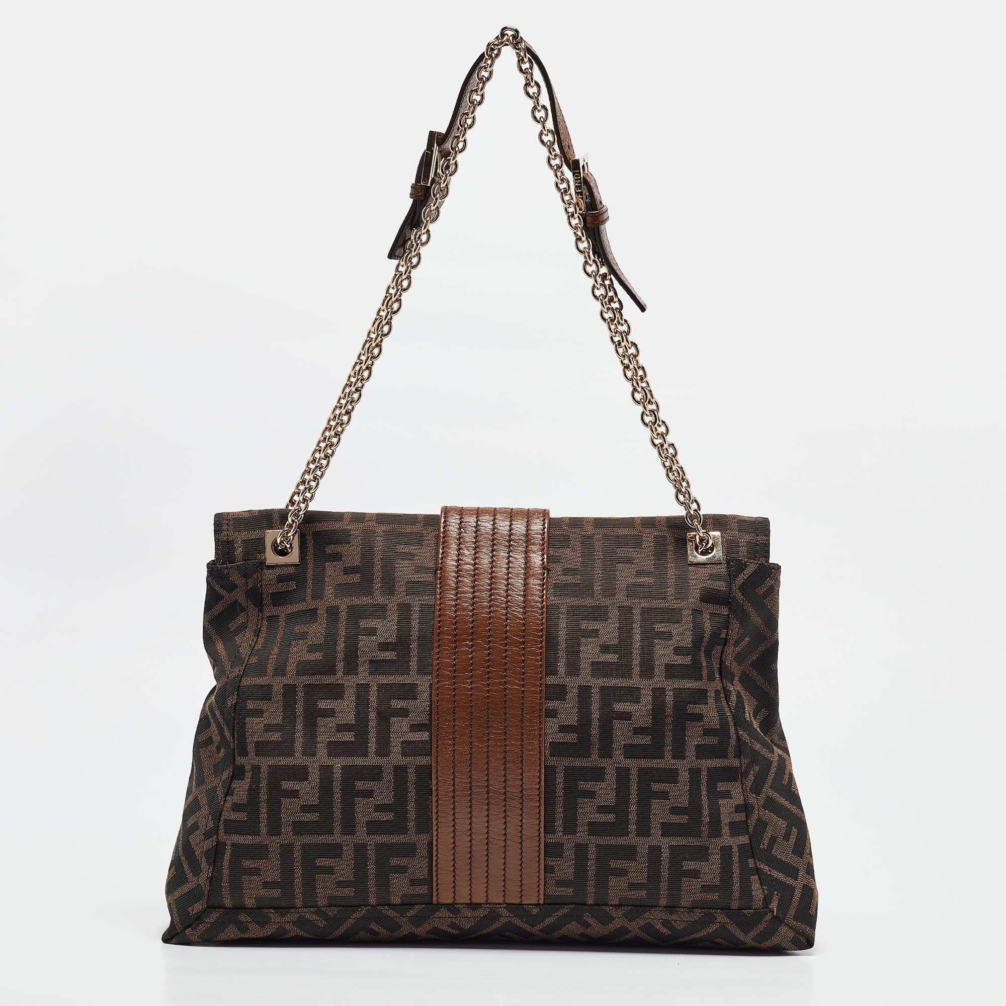 Fendi Zucca Canvas And Leather Maxi Baguette Flap Shoulder Bag