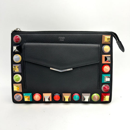 FENDI Vitello Dolce Studded Mini 2Jours Pouch Black Multicolor  LA14593