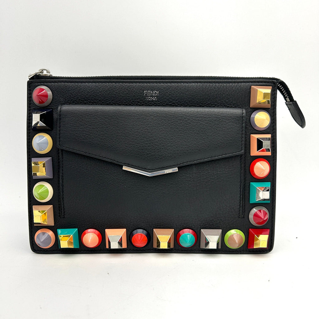 FENDI Vitello Dolce Studded Mini 2Jours Pouch Black Multicolor  LA14593