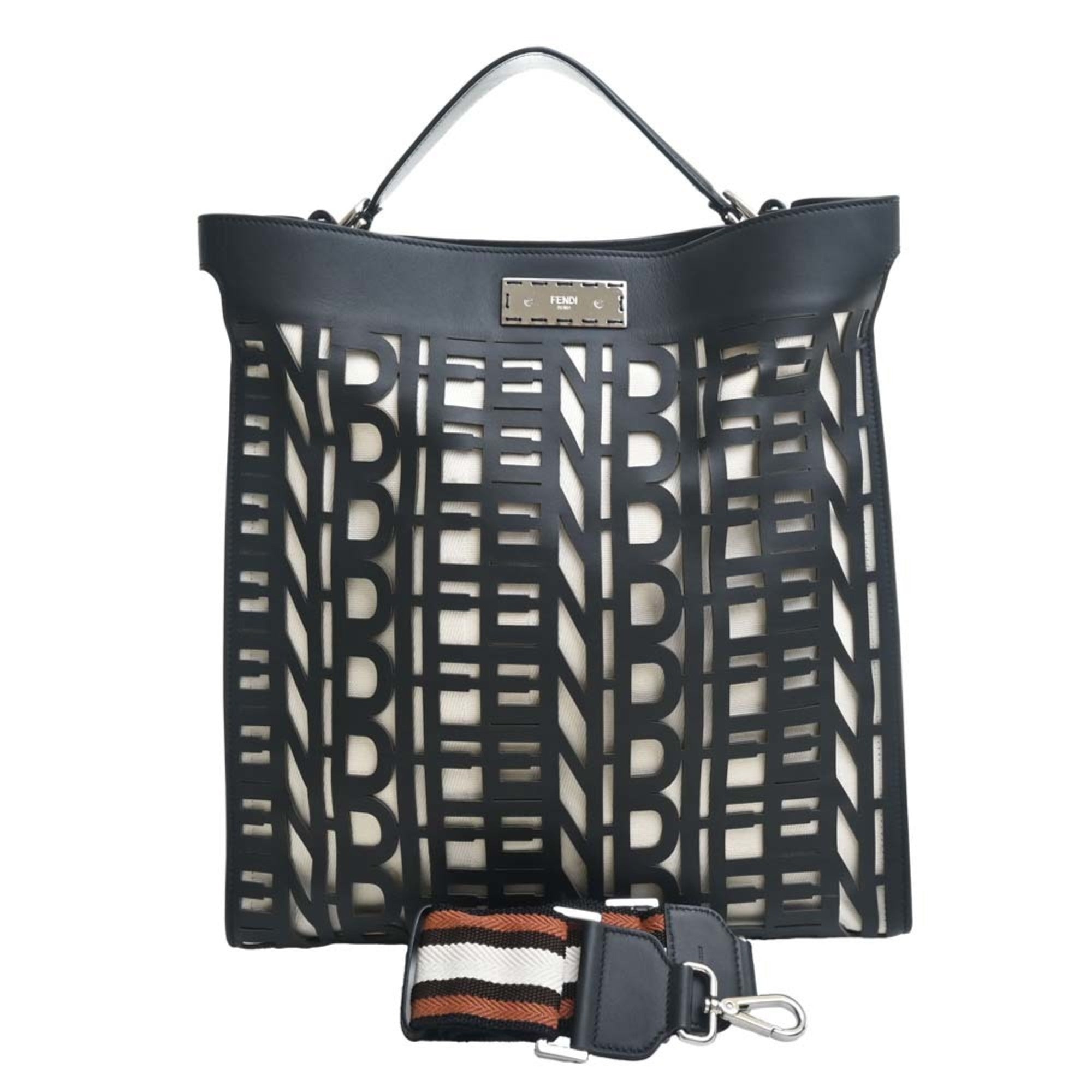FENDI Leather Canvas Peekaboo X-Rite Shoulder Bag 7V47 Black Natural Ladies