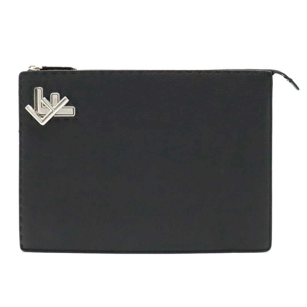 FENDI Selleria Stitch FF Clutch Bag Second Handbag Leather Black 7V99