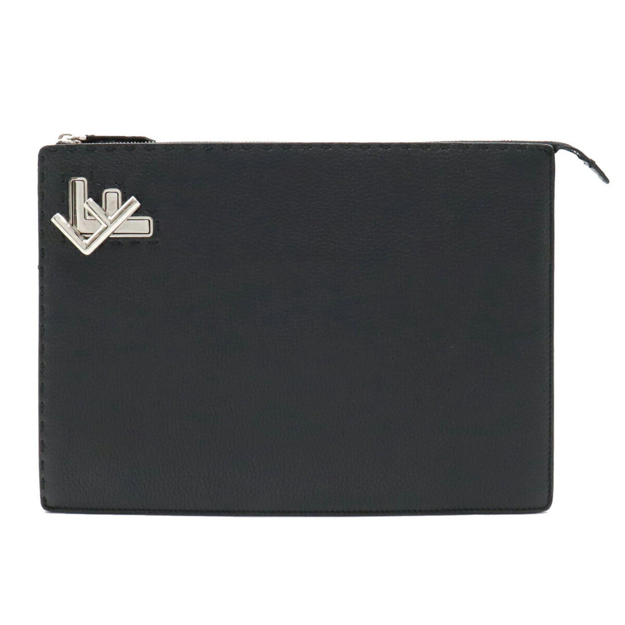FENDI Selleria Stitch FF Clutch Bag Second Handbag Leather Black 7V99