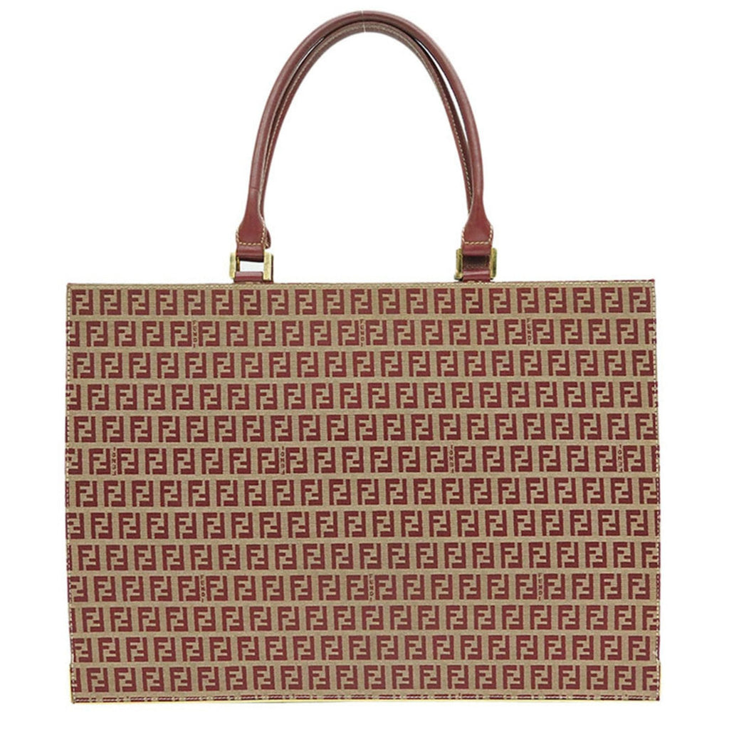 FENDI Zucca Tote Bag Red x Beige Canvas Leather Briefcase Women's