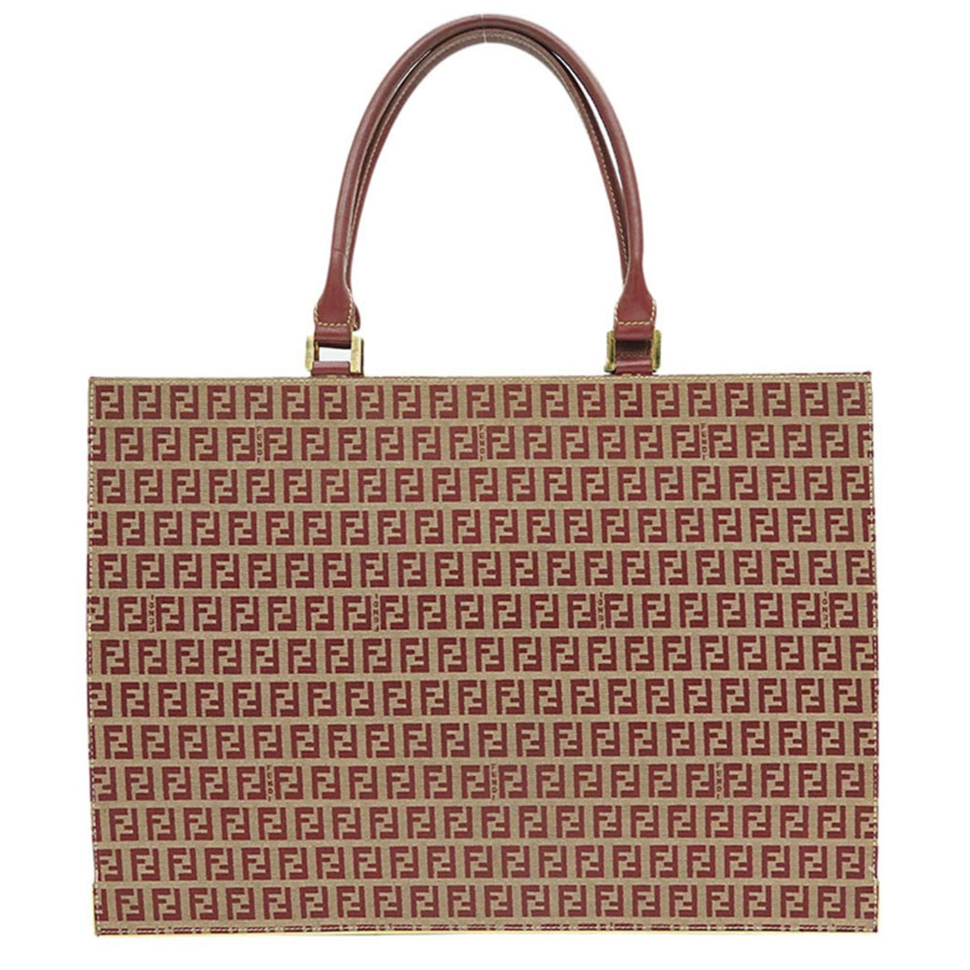FENDI Zucca Tote Bag Red x Beige Canvas Leather Briefcase Women's