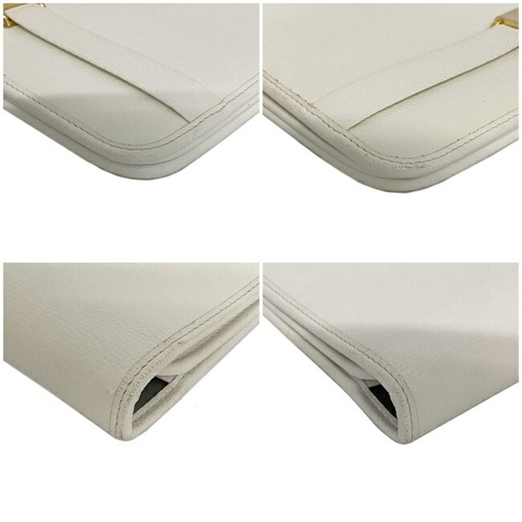 Christian Dior Clutch Bag White Gold Flap Leather Plate Ladies