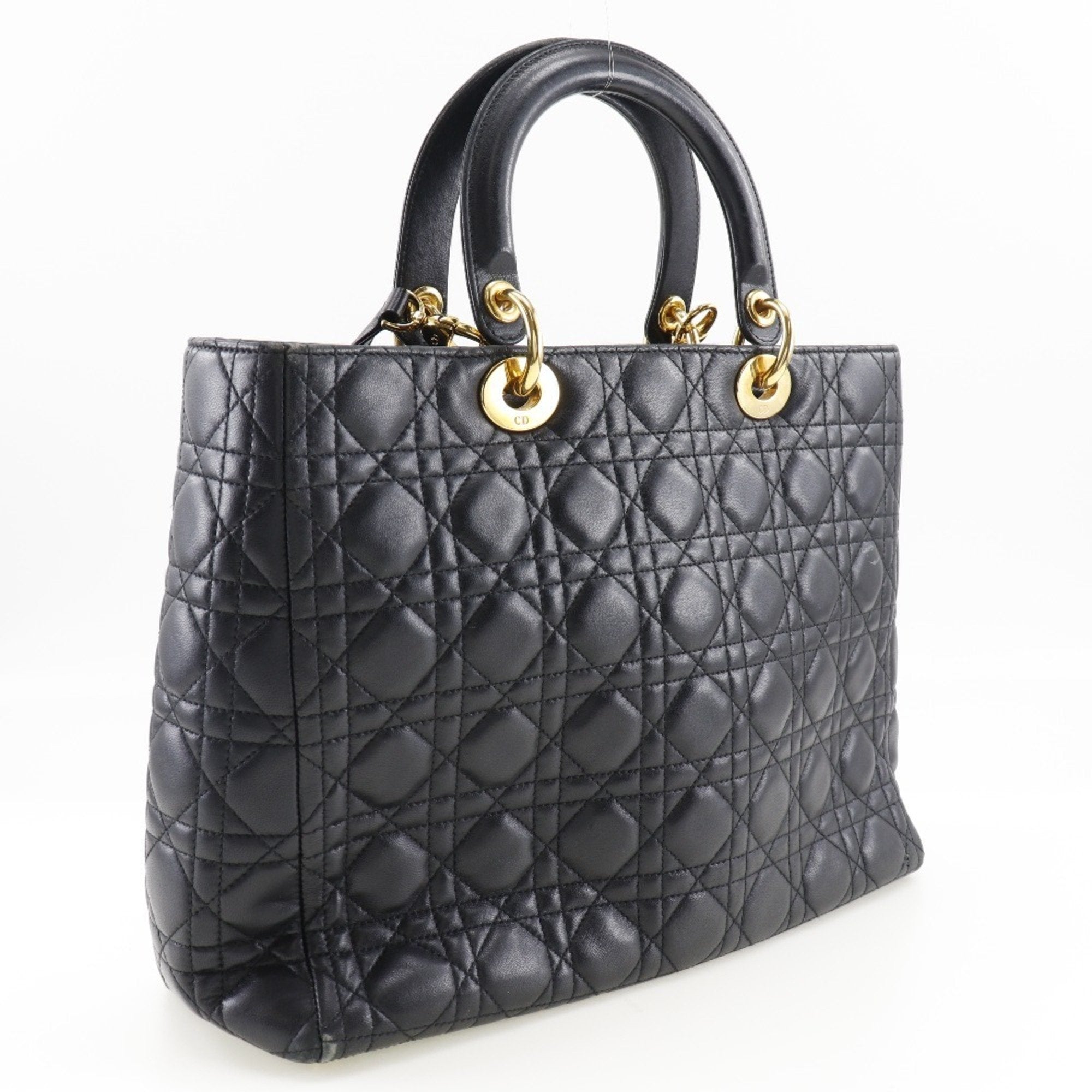 CHRISTIAN DIOR Dior Christian Lady Large Handbag Canage 2WAY Shoulder Calf Black/Gold Hardware Ladies