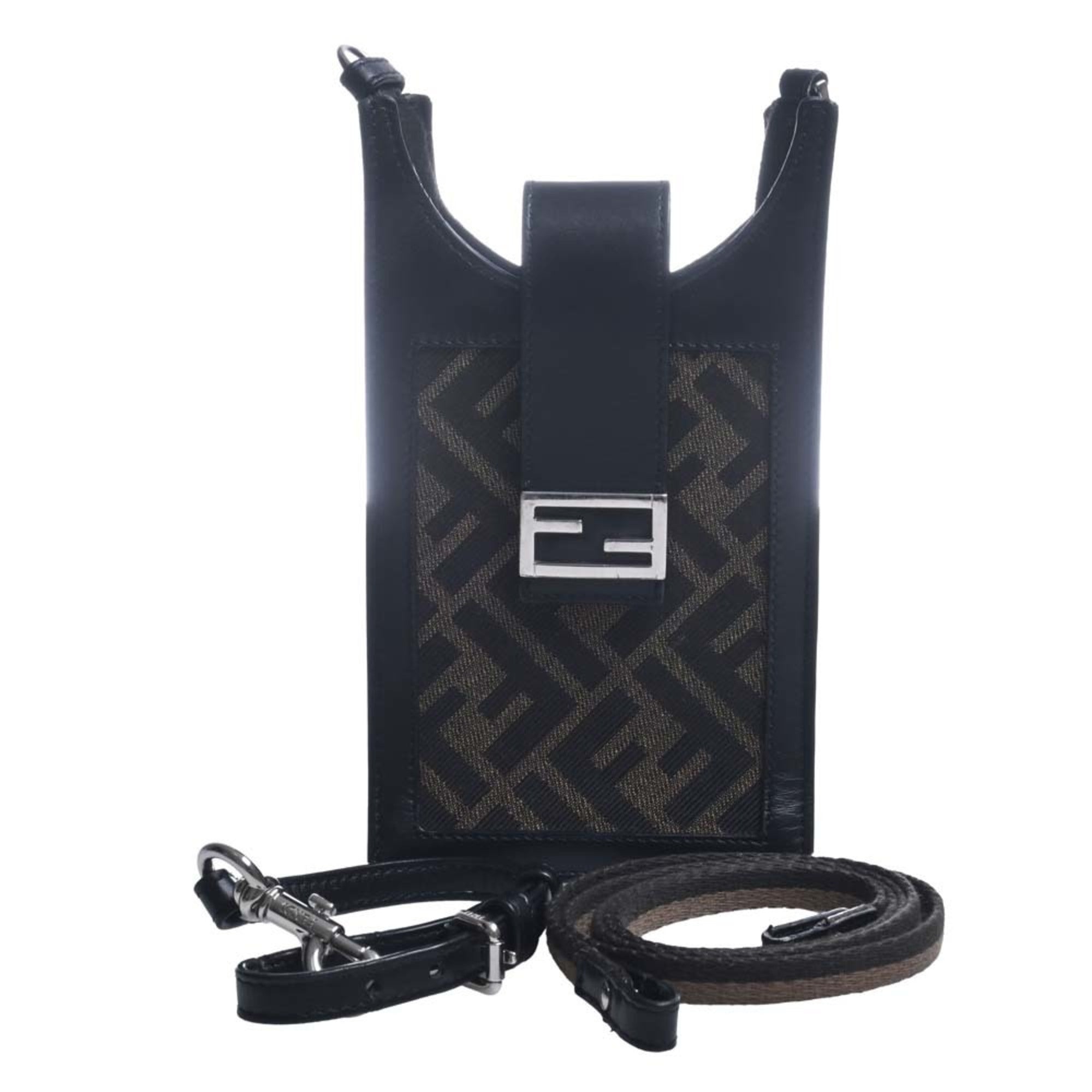 FENDI Canvas Leather FF Motif Smartphone Bag Shoulder 7AR944 Black Ladies