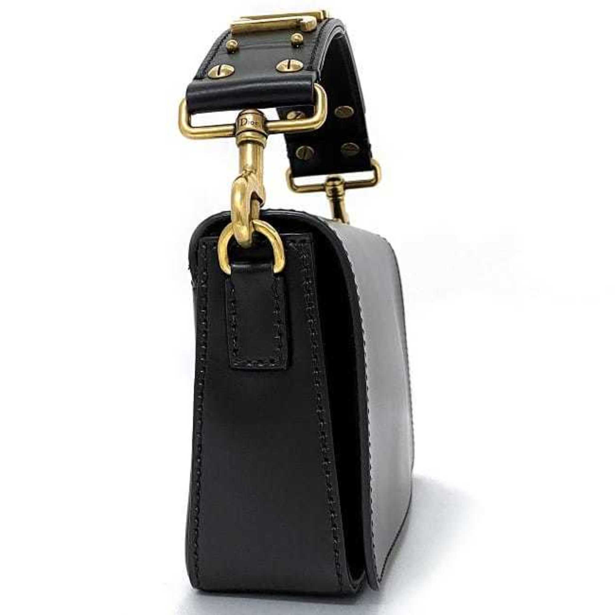 CHRISTIAN DIOR Clutch Bag Black Gold J'ADIOR Leather Handbag Flap Strap