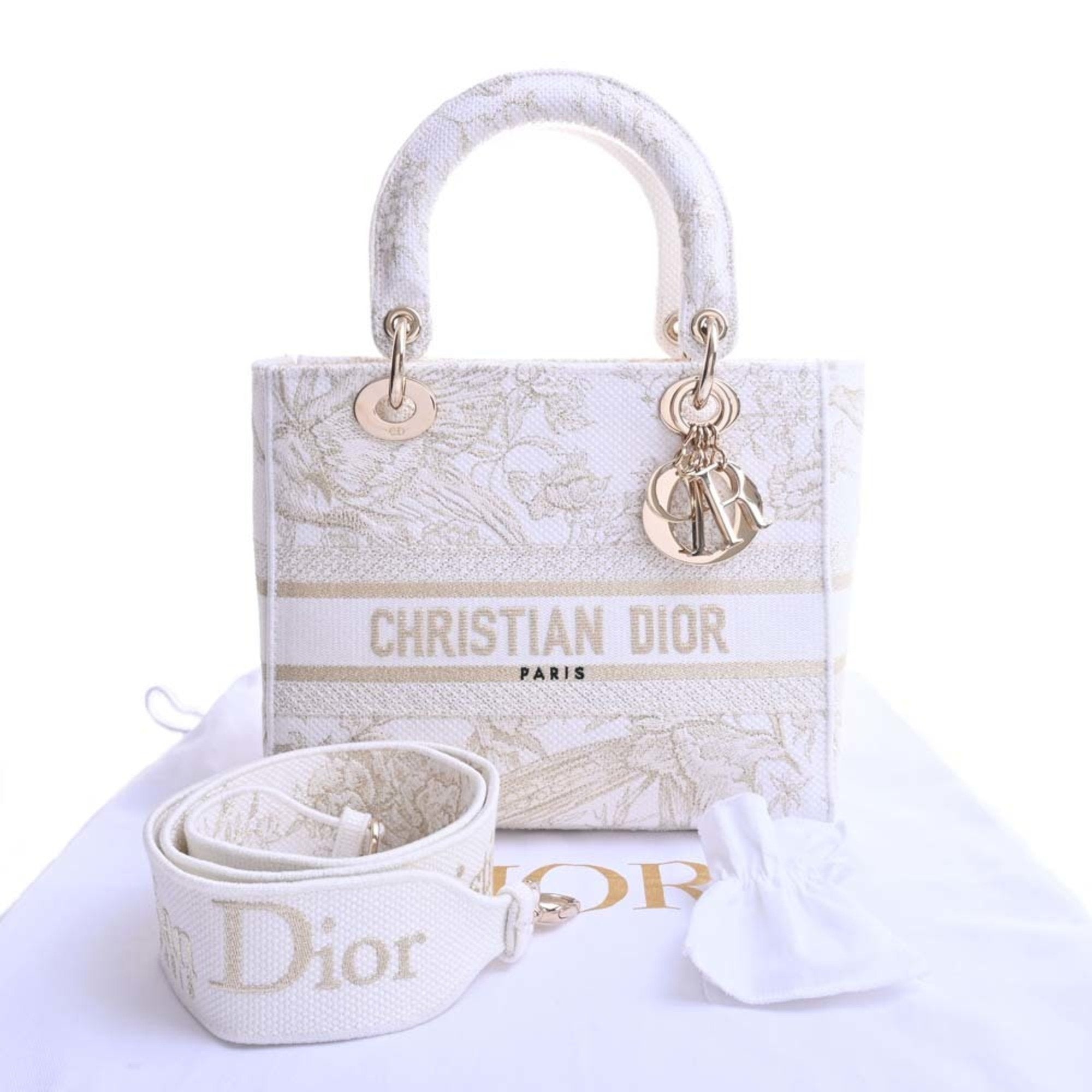 CHRISTIAN DIOR Canvas Lady Delight Embroidered Medium Handbag White Ladies